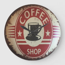 Wall clock with coffee shop sign with red, black