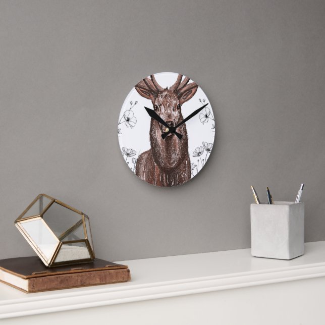 Wall clock with deer design with flowers. (Office)