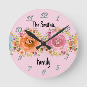 Wall Clock with Pastel Flowers in Pink