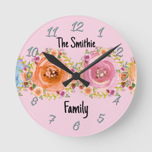 Wall Clock with Pastel Flowers in Pink (Front)
