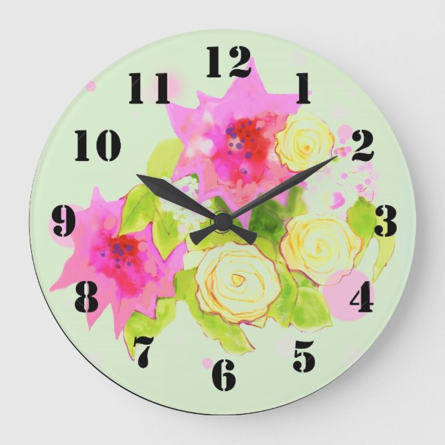 Wall Clock with Watercolor Flowers (Front)