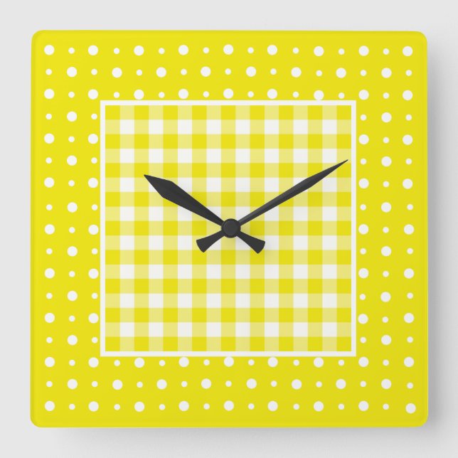 Wall Clock, Yellow Check Gingham and Polka Dots Square Wall Clock (Front)