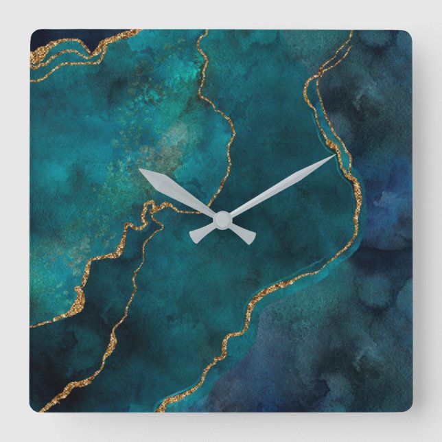 Wall Clocks - Blue and Teal Marble With Gold Veins (Front)
