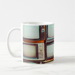 Wall of pile colourful retro television coffee mug