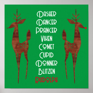 Wall Poster - Santa's Reindeer -Rudolph Red Nose
