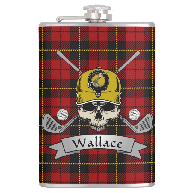Wallace Badge & Tartan Personalized Skull Golf Hip Flask (Front)