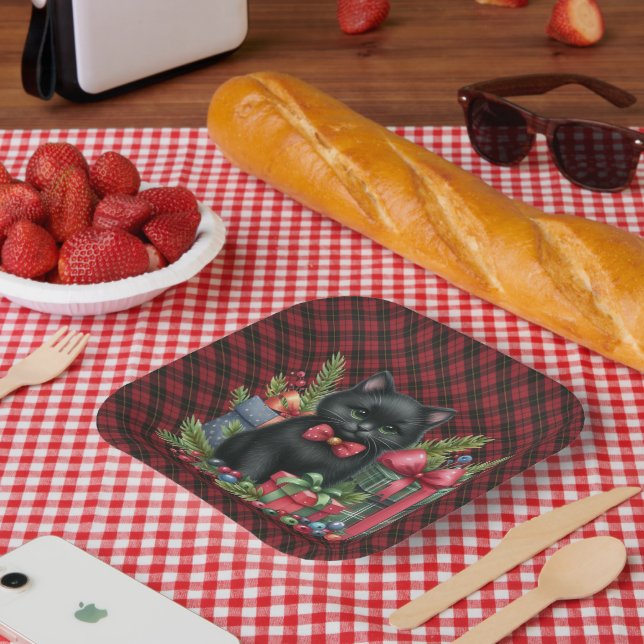  Wallace Red Scottish Tartan Christmas Black Cat Paper Plate (Picnic)