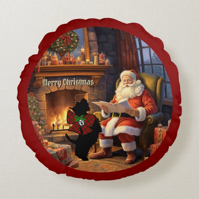 Wallace Scottie Dog & Santa Xmas Personalized Round Pillow (Front)