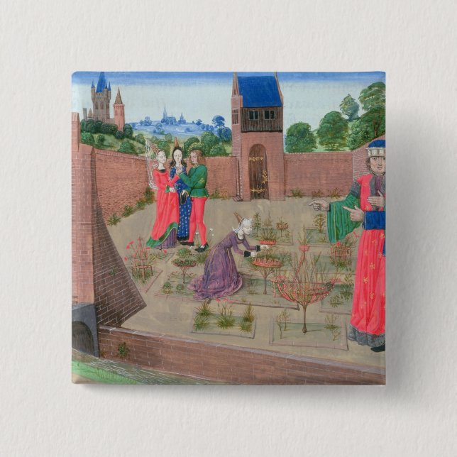 Walled garden with a woman gardening 2 inch square button (Front)