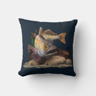 Walleye Fishing Illustration, Walleye Fisherman Throw Pillow