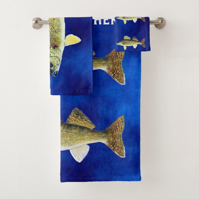 Walleye Pikes on Deep Blue Background Bath Towel Set (Insitu)