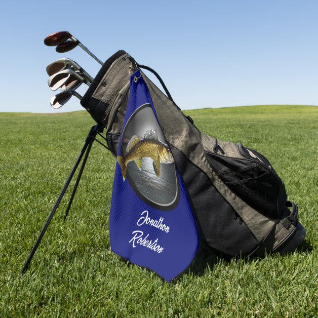 Walleye Pikes on Deep Blue Background Golf Towel (Green)