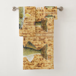 Walleye Pikes on Wooden Boards Bath Towel Set