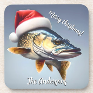 Walleye Wearing a Santa Hat Christmas Coaster