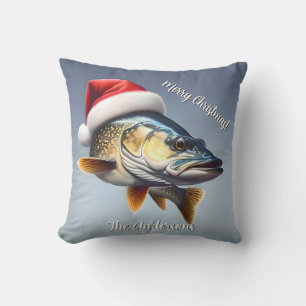 Walleye Wearing a Santa Hat Christmas Throw Pillow