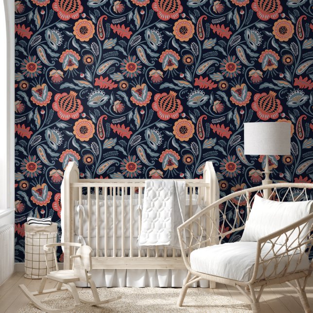 Wallpaper - Boho Floral Design blue background (Kids)