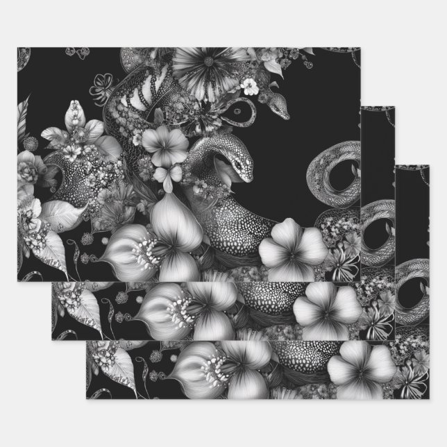 Wallpaper Decorative Black White Intricate Snake Wrapping Paper Sheet (Set)