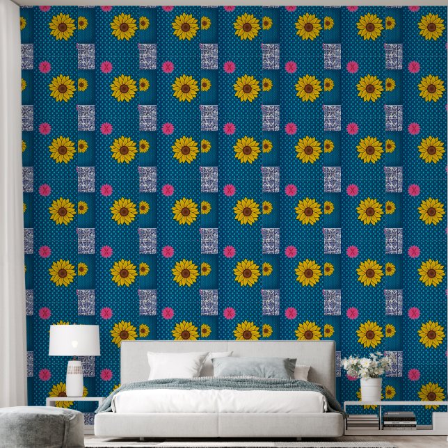 Wallpaper Floral Flowers Yellow Blue (Bedroom)