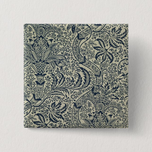 Wallpaper with navy blue seaweed style design 2 inch square button (Front)