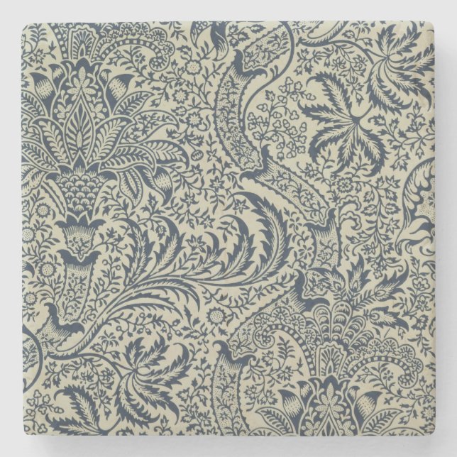 Wallpaper with navy blue seaweed style design stone coaster (Front)