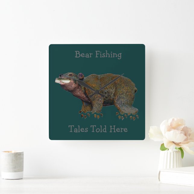Walnut Bear Fishing Tales Square Wall Clock (Home)