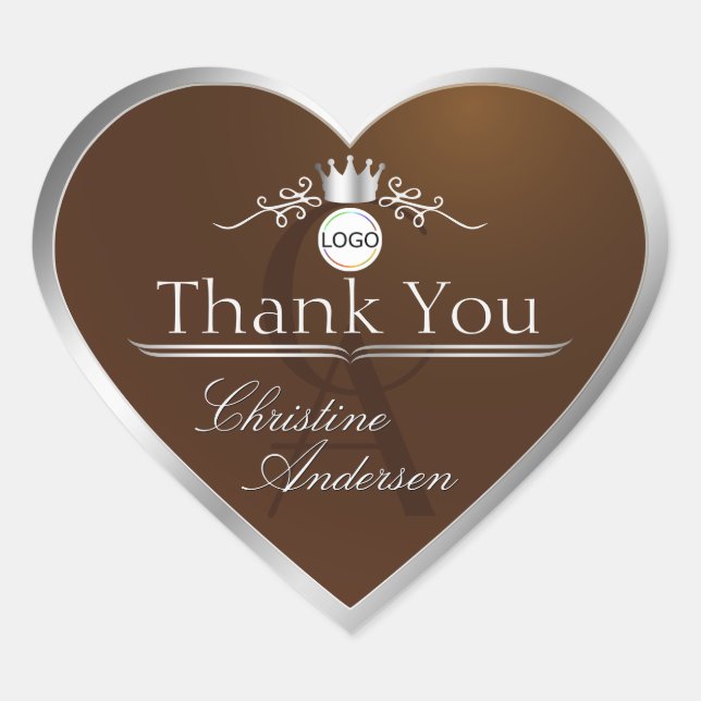 Walnut Brown Silver Frame Logo Monogram Thank You Heart Sticker (Front)