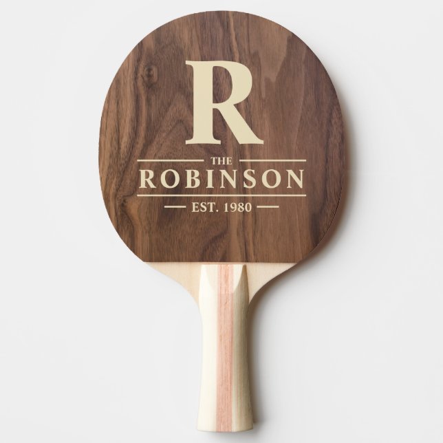 Walnut Wood Family Name & Initial Ping Pong Paddle (Front)
