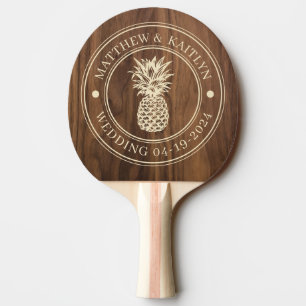 Walnut Wood Pineapple Wedding Crest & Names Ping Pong Paddle
