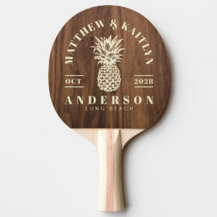 Walnut Wood Tropical Pineapple Wedding Crest Ping Pong Paddle