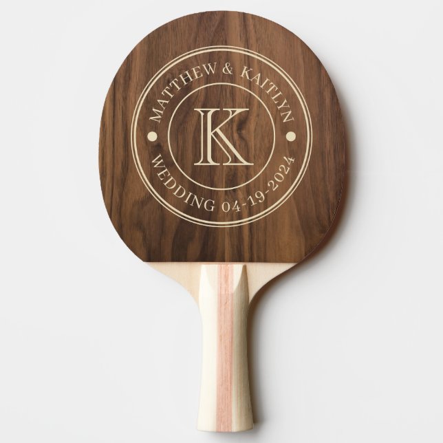 Walnut Wood Wedding Monogram Ping Pong Paddle (Back)