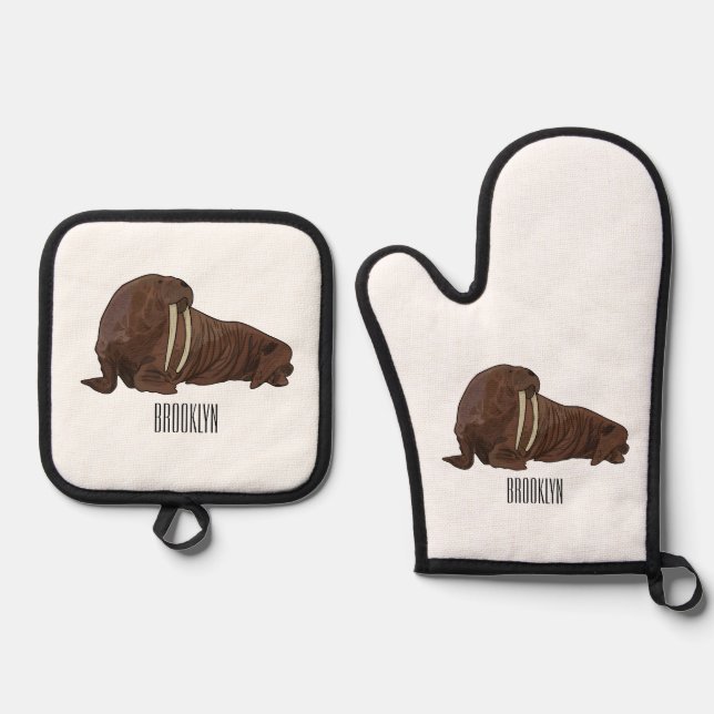 Walrus cartoon illustration oven mitt & pot holder set (Front)