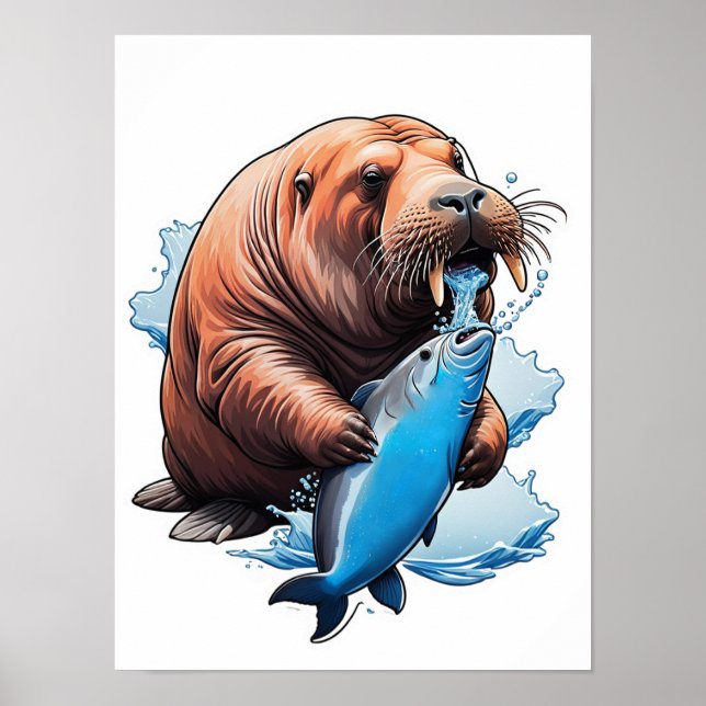 Walrus Fishing In The Sea Poster (Front)