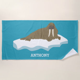 Walrus on an Iceberg Illustration Personalized Beach Towel