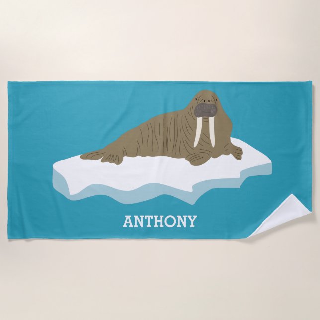 Walrus on an Iceberg Illustration Personalized Beach Towel (Front)