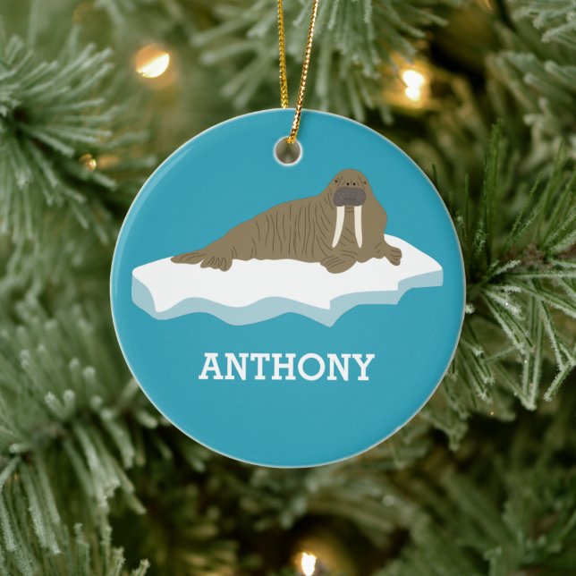 Walrus on an Iceberg Illustration Personalized Ceramic Ornament (Tree)