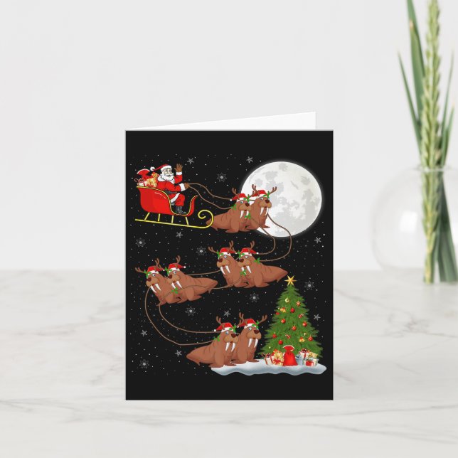 Walrus Santa Sleigh Flying Funny Magical Christmas Card (Front)
