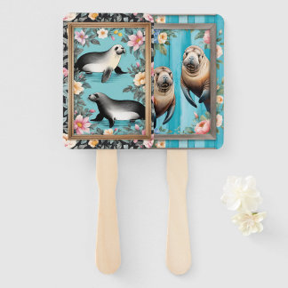 Walrus Seal Ocean Floral in Wooden Frame Hand Fan