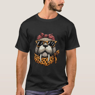Walrus Wearing Leopard Scarf Animal Wearing Sungla T-Shirt