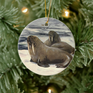 Walruses in the Arctic Snow, Vintage Marine Animal Ceramic Ornament