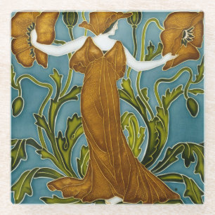Walter Crane Art Nouveau Orange Poppy Maiden Glass Coaster