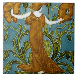 Walter Crane Art Nouveau Orange Poppy Maiden Tile