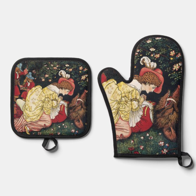 Walter Crane Beauty and the Beast Oven Mitt & Pot Holder Set (Front)