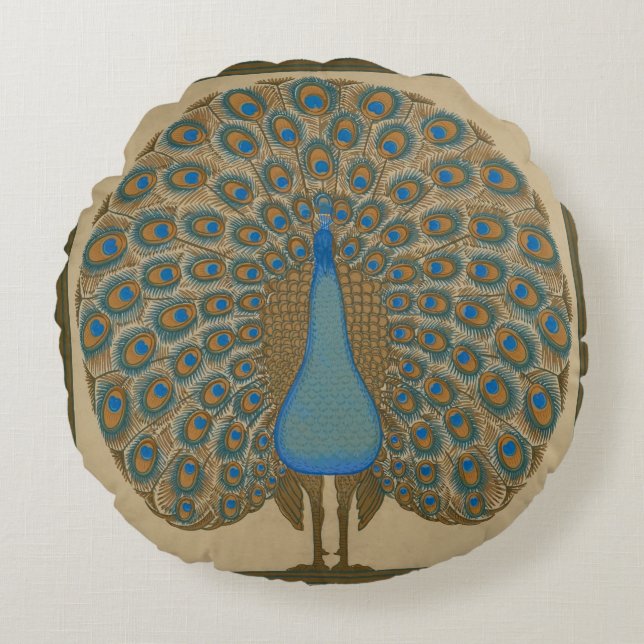 Walter Crane Blue Peacock with its tail outspread  Round Pillow (Front)