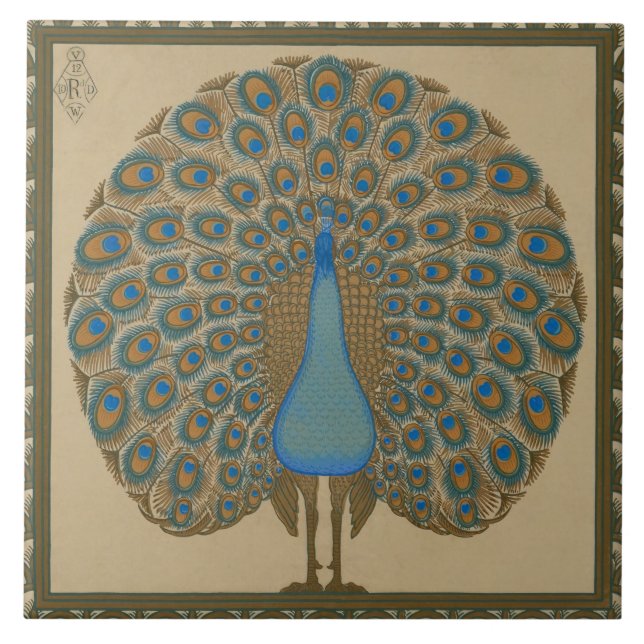 Walter Crane Blue Peacock with its tail outspread  Tile (Front)