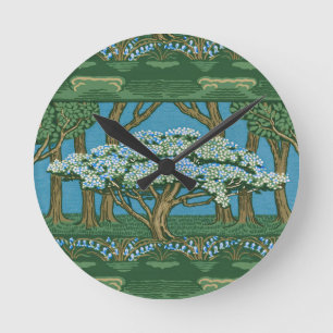 Walter Crane May Tree Wallpaper Green Blue Round Clock