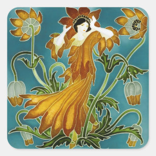 Walter Crane Orange Tulip Art Nouveau Floral Square Sticker