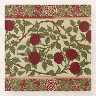 Walter Crane Red Roses with Thorned Stems Glass Coaster