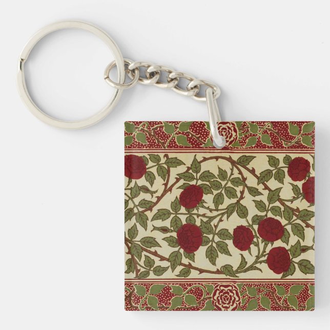 Walter Crane Red Roses with Thorned Stems Keychain (Front)