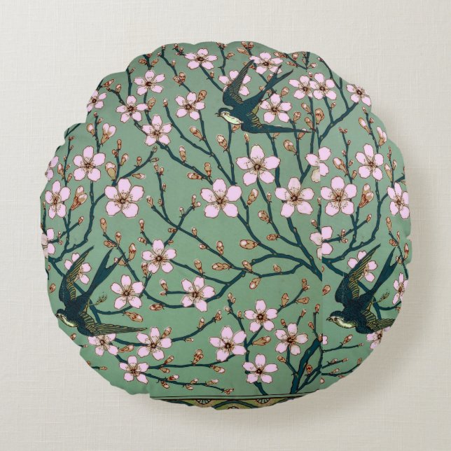 Walter Crane Swallows and Almonds Round Pillow (Front)