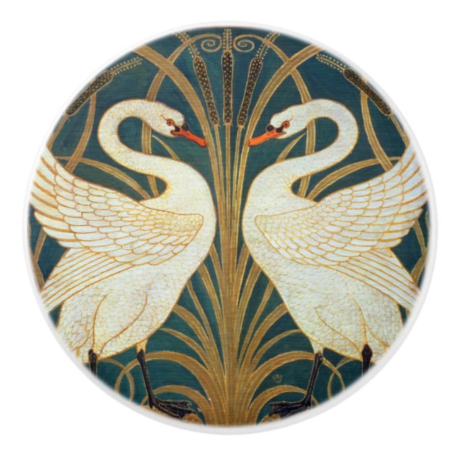 Walter Crane Swan, Rush And Iris Art Nouveau Ceramic Knob (Front)
